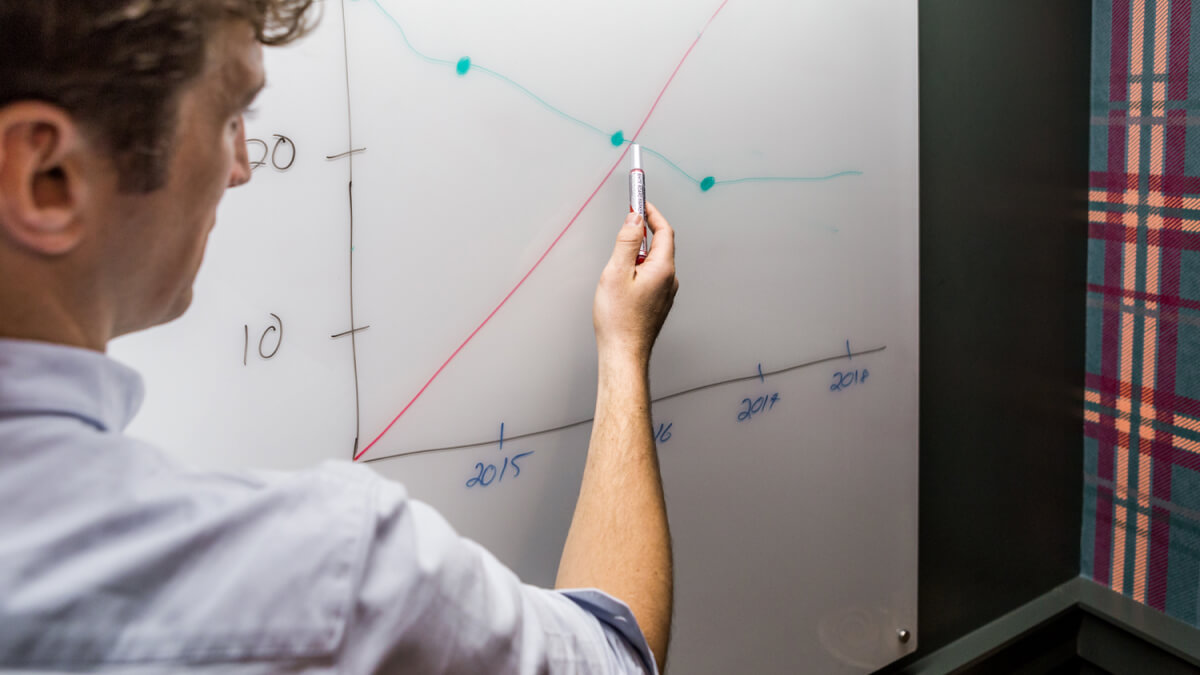 man updating a timeline graph on a whiteboard