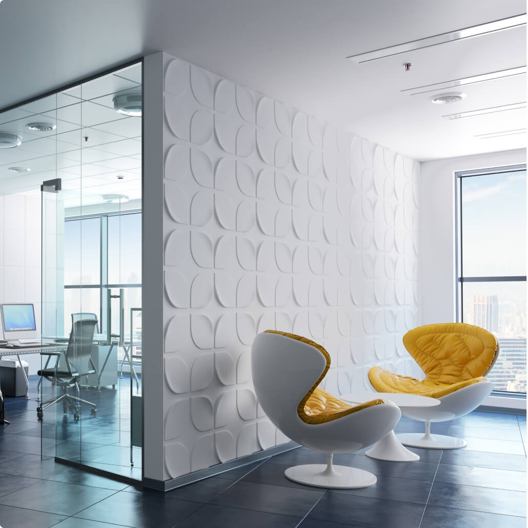 flex space in an office with yellow chairs